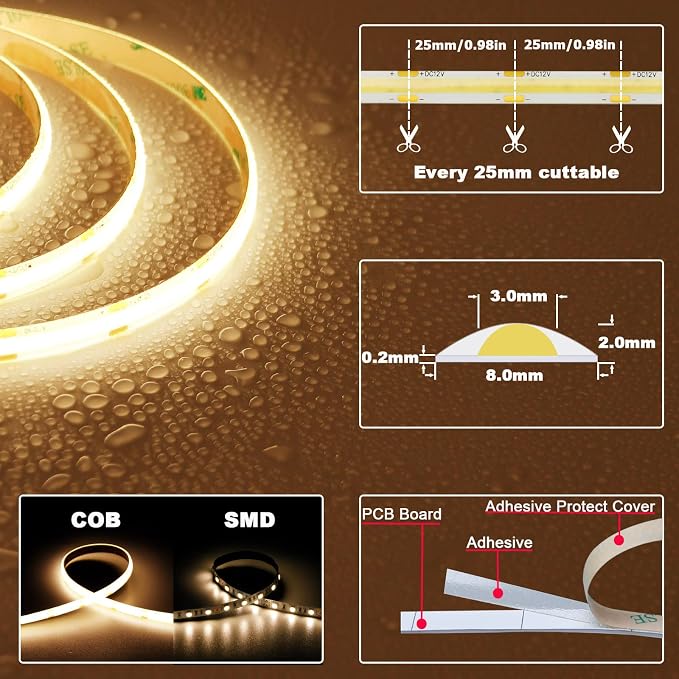 TOPAI 12V COB LED Strip 3000K Warm White 16.4ft Dotless IP65 Waterproof | High Density 480LEDs/M, CRI>90 4000Lm, Cuttable, Flexible, Self Adhesive Easy Install for Bedroom, Cabinet