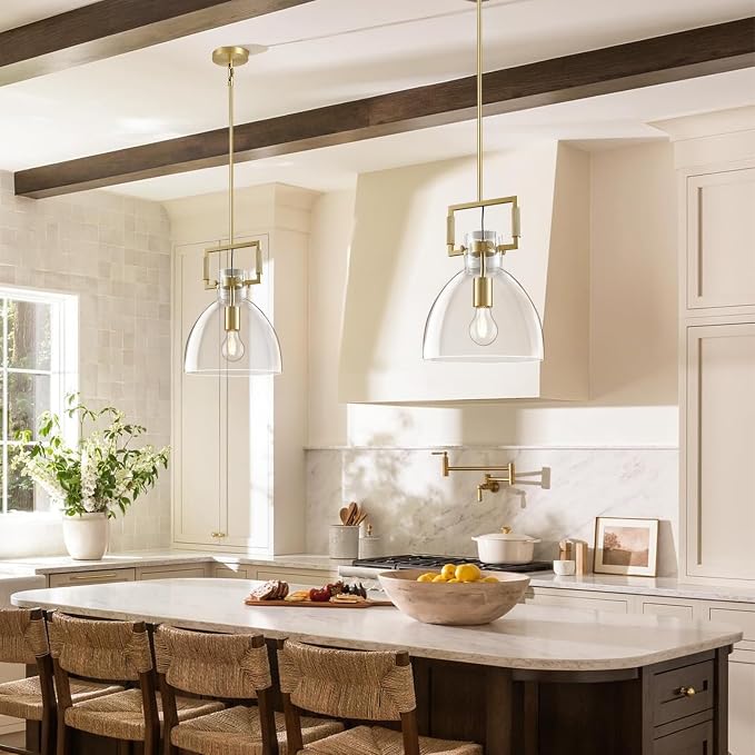 10 Inch Knurled Large Brass Blown Glass Modern Kitchen Island Pendant Light Fixtures,1 Light Island Pendant Lighting,Single Pendant Light,for Foyer, Entryway, and Dining, Includes Two Bulbs