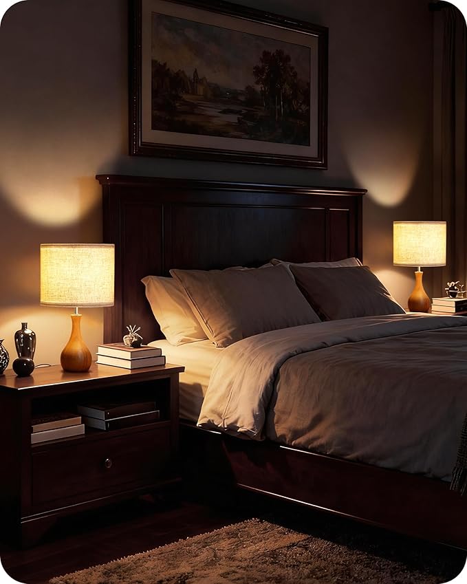 Wood Table Lamps Set of 2, Small Bedside Lamps Set of 2, Beige Linen Lampshade & Dark Pearwood Base, 14.2" Small Table Lamp, Nightstand Lamps for Bedroom, Small Space, E26 Socket, LE09TLP205