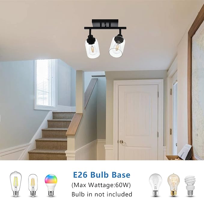 MELUCEE 2 Light Wall Scone Spotlight Semi Flush Mount Ceiling Light | 12.2 Inch Black Bathroom Lights Rotatable Track Lighting Kit for Hallway Porch Foyer Bath Storage, Clear Glass Shade