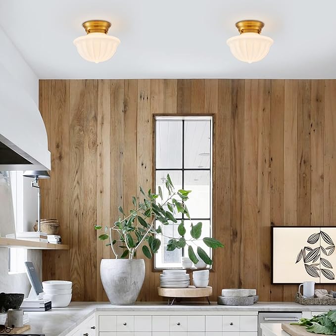 Schoolhouse Light Fixture Gold, 9" Modern Mid Century Semi Flush Mount Ceiling Light with Opal Milk Glass Shade for Bedroom, Kitchen, Dining Room, Bathroom, Hallway, Stairway, Entryway
