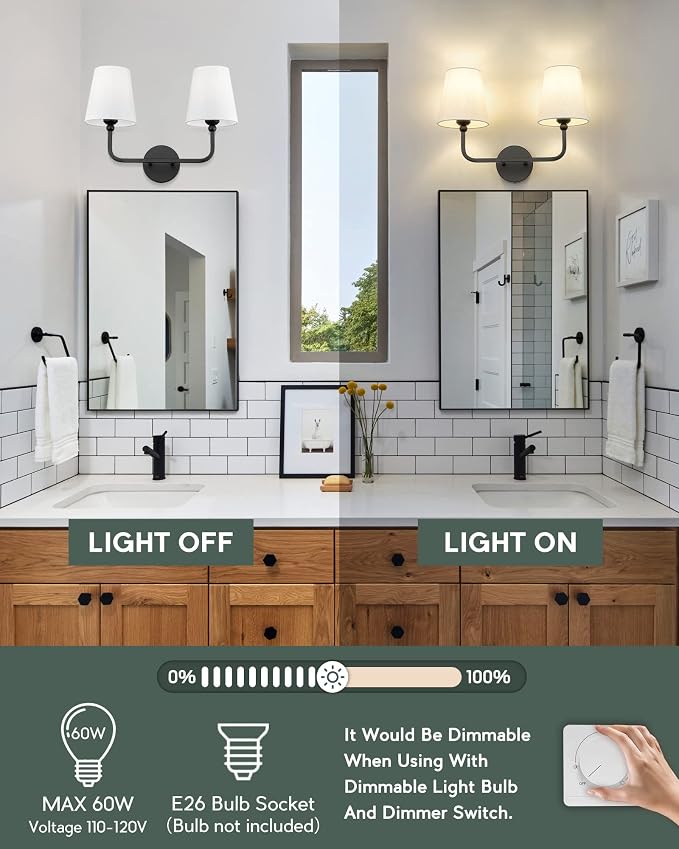 2-Light Bathroom Light Fixtures, Matte Black Vanity Lights, Double Wall Sconce with Flared White Fabric Shade, Modern Sconces Wall Lighting for Hallway Bedroom Stairway, VL837-MB-2-S