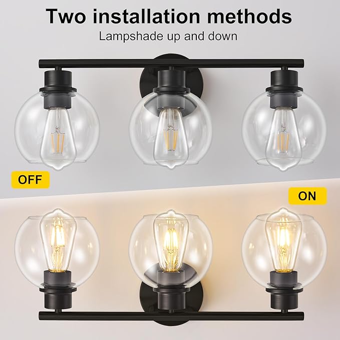 Bathroom Light Fixtures Over Mirror 3-Lights Bathroom Vanity Light with Clear Globe Glass Shade 22 inch Modern Black Vanity Lights Wall Sconce Lighting for Bath