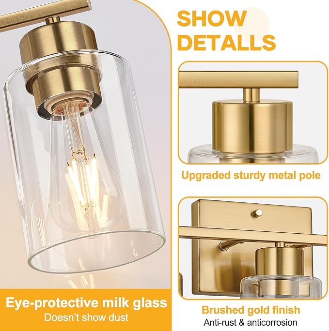 3-Light Brushed Gold Bathroom Vanity Light, Modern Bathroom Light Fixture with Clear Glass Shades, Wall Sconce for Mirror, Kitchen, Bedroom, Living Room, Hallway