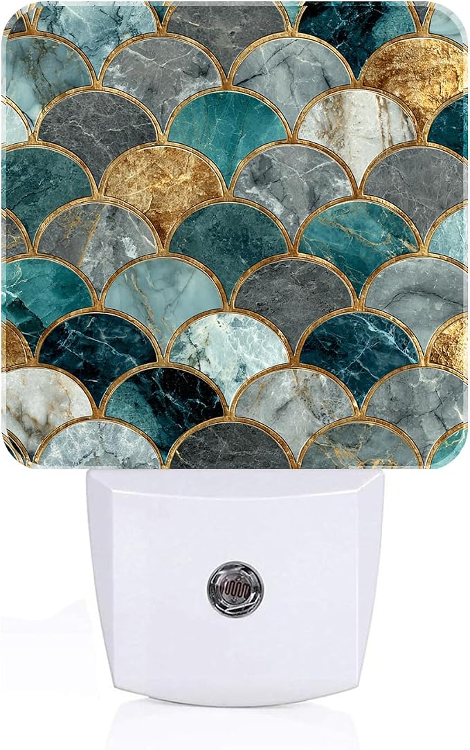 Marble Night Light,Mermaid Fish Scales Plug Into Wall Decor for Stairway,Hallway,Kitchen,Dusk to Dawn Sensor Nightlights for Boys/Girls/Women/Men Room Gifts