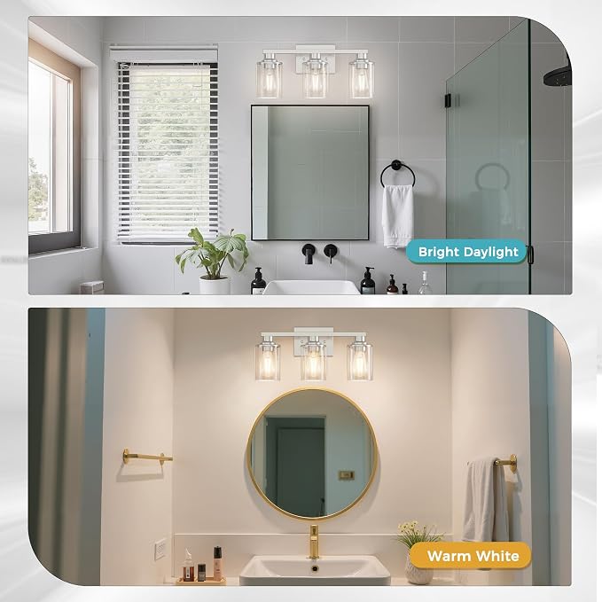 17 Inch 3-Light Chrome Bathroom Vanity Light Over Mirror | Modern Vanity Mirror Light, Brushed Chrome Vanity Light with Clear Glass Shade, Wall Mount Lighting for Bedroom Living Room