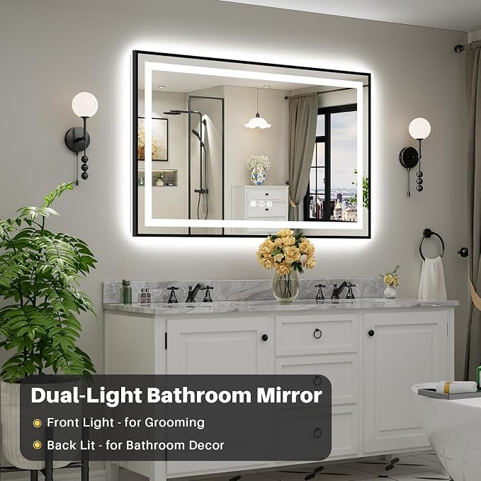 55x36 Inch LED Bathroom Mirror with Black Frame, Backlit & Front Lit | Anti-fog, 3 Color Dimmable, Memory Function, HD Reflection Tempered Glass, ETL Listed, IP54 Waterproof