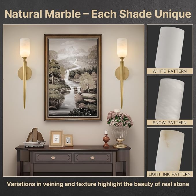 21.6" Alabaster Wall Sconces Set of 2, Vintage Brass Wall Lights | Natural Spanish Alabaster, Vintage Inspired Design, Unique Marble Veining, Elegant Brass Gold Finish, Statement Wall Accent