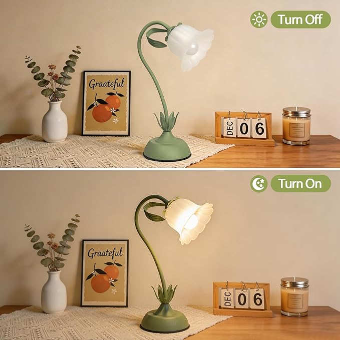 Tulip Flower Table Lamp, 3 Color Temperature Flexible Gooseneck Cute Small Desk Lamp for Bedroom, Vintage Nightstand Bedside Lamps for Living Room, Dorm, Office, Home Decor (Tulip Green)