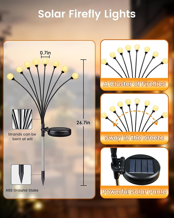 OZS 4 Pack Total 32 LED Solar Garden Lights Fairy Outdoor - Solar Firefly Lights Outdoor, Sway by Wind, Waterproof for Garden Patio Pathway Fairy Decoration (Warm White)