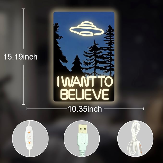 I Want to Believe Neon Sign UFO LED Light Sign for Bedroom Living Room Dimmable Alien Decor Light Up Wall Sign UFO Poster Alien Movie Neon Lights Cool I Want to Believe Decoration Gifts for UFO Fans