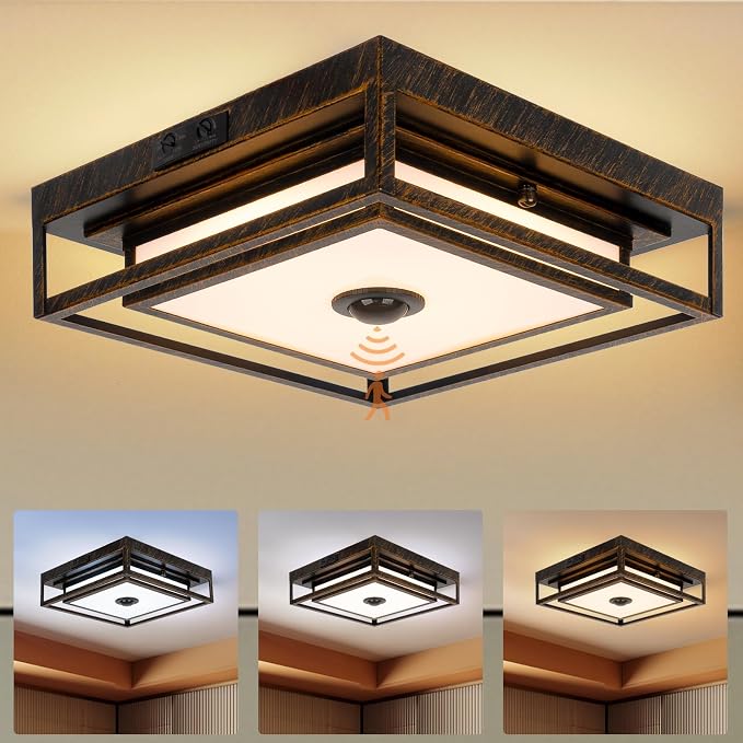 LED Motion Sensor Outdoor Ceiling Light Dusk to Dawn Black Brushed Gold | 10.5", Square, Flush Mount, Adjustable Color, Modern, Waterproof, for Exterior Porch Garage Entryway Patio
