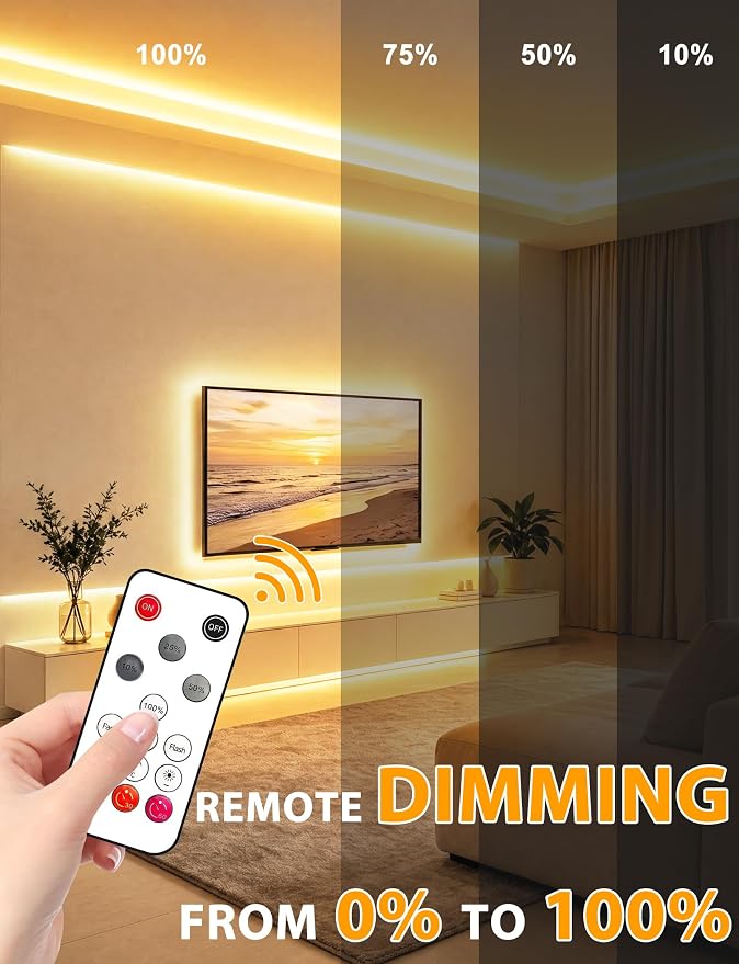 COB LED Strip Lights 9.84Ft, Warm White Dimmable Self-Adhesive Led Rope Light with Remote,Waterproof Cuttable 24V Flexible Neon Under Cabinet Tape Lighting for Bedroom, Kitchen,TV 10 mm Width