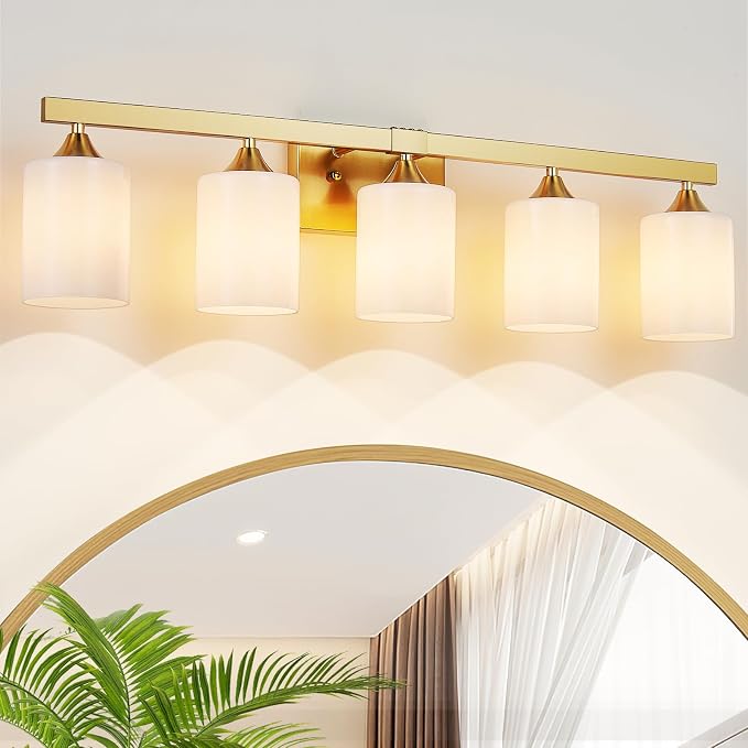 ZHU YAN Gold Vanity Lights for Bathroom, 5-Light Bathroom Vanity Light Fixtures, Milky White Glass Shades Wall Lamp,E26 Socket, for Mirror Living Room Bedroom Standard