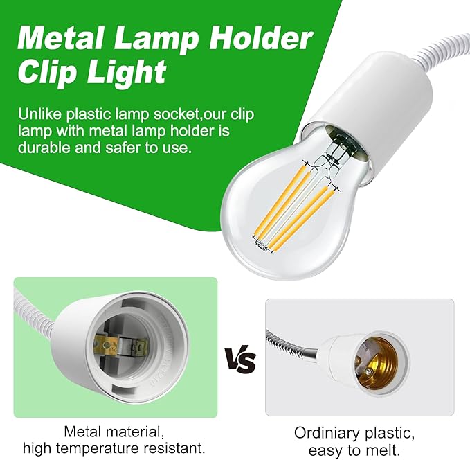 Clip on Desk Lamp, White Clip Lamp Holder with 220 CM Switch and Plug Cable, Clamp Light Socket with Metal Clamp, 9-350 MM Thickened Lengthened Gooseneck Light, E27 Lamp Holder, for Home Office