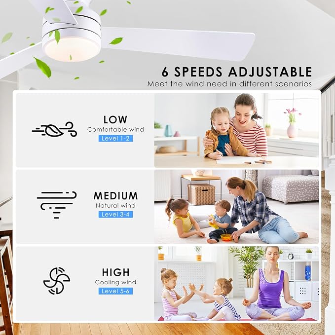 Asyko 46" White Modern Low Profile Ceiling Fans with LED Lights and Remote | Reversible 6 Wind Speeds, Dimmable 3 CCT LED Light, 25W Quiet DC Motor,2H Timer,3 Double-Sided Blades,for Bedroom Kitchen