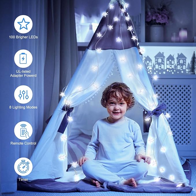 Minetom 33ft Plug in Star String Lights with Remote, White | Remote and Timer, Waterproof for Bedroom Tent Loft Bed Window Backyard Patio Porch Balcony Staircase Party Decor