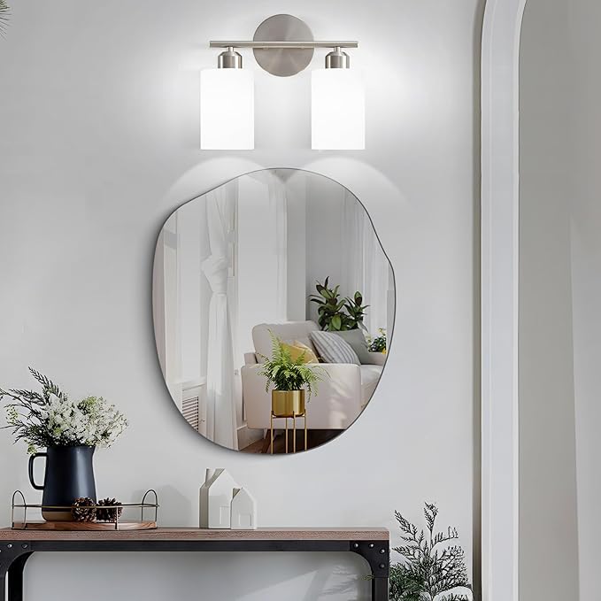 Brushed Nickel Bathroom Light Fixtures, 2-Light Modern Vanity Light Over Mirror, Wall Sconces with Milky White Frosted Glass Shades for Hallway, E26
