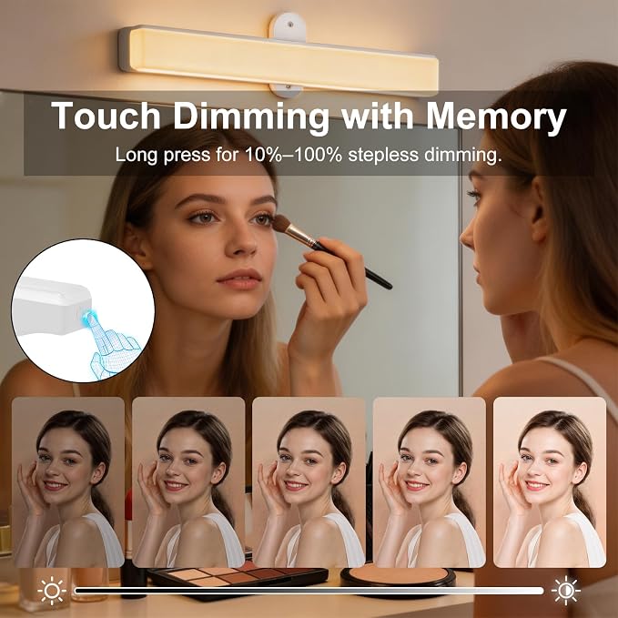 Rechargeable Vanity Mirror Lights, Magnetic Stick On Makeup Lamp Cordless | 3 Color Temperature & Dimmable,Touch & Remote Control,360° Rotatable,Ideal for Bathroom Mirror,Bedroom & Reading Lighting