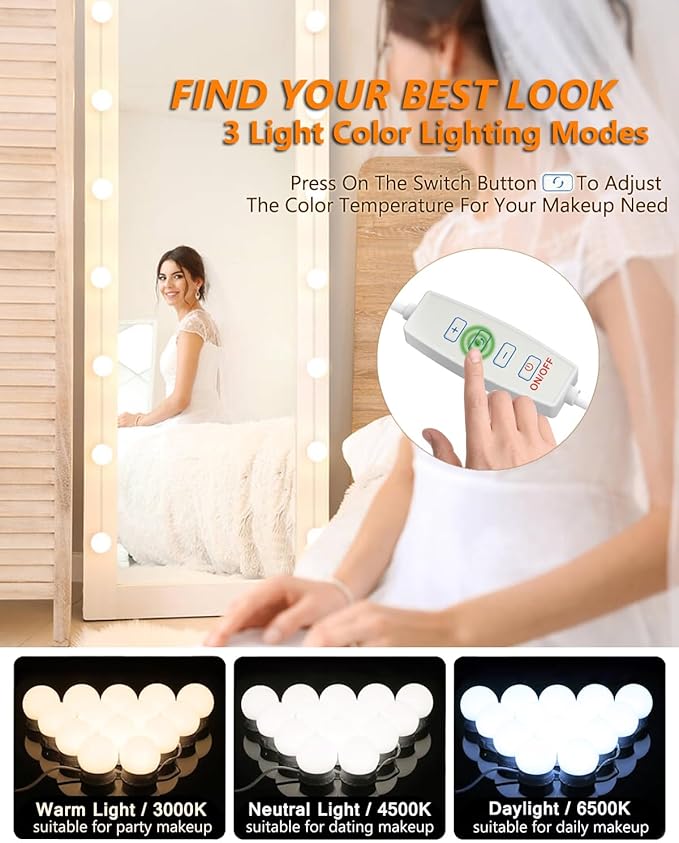 LED Vanity Lights - Adjustable Color Temp & Brightness,14 Dimmable Bulbs for Dressing Mirror Lighting