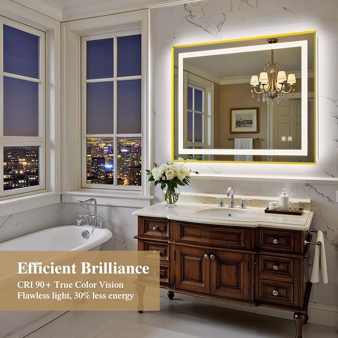 40X32 Inch LED Bathroom Mirror with Lights, Gold Frame Frontlit+ Backlit Bathroom Vanity Mirror for Wall, Ultra-Clear Tempered Glass, Shatter-Proof, Anti-Fog and Memory Function, ETL Listed