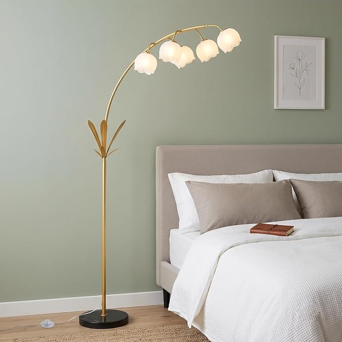 HMVPL Gold Floor Lamp for Living Room, Flower Floor Lamp with 5 G9 LED Bulbs, Foot Switch, Arc Tall Lamp with Acrylic Shade, Marble Base, Mid Century Standing Lamp for Living Room Corner Bedroom Home