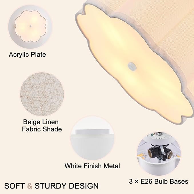 13" Modern White Semi Flush Mount Ceiling Light Fixture, 3-Light | White Linen Petal Shade, Modern Style For Bedroom, Hallway And Kitchen; Close-To-Ceiling, E26, Dimmable, Easy Install