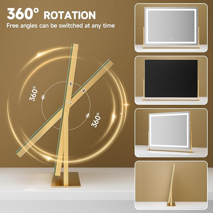 Hasipu Vanity Mirror with Lights, 28" x 20" LED Makeup Mirror, Light up Mirror with 10X Magnification and Phone Holder, USB Charging Port, Smart Touch 3 Colors Dimmable, 360° Rotation (Gold)