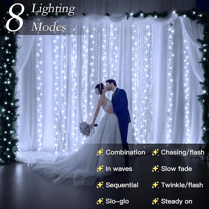 200 LED Cool White Curtain String Lights 9.8x6.6FT, Plug in Fairy Lights with 9 Hooks Dimmable Timer & 8 Modes, IP44 Waterproof, Bedroom Office Wall Wedding Party Christmas Indoor Outdoor Decor