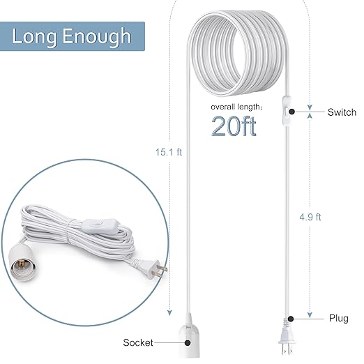 JACKYLED 20Ft UL Approval Extension Hanging Lantern Pendant Light Lamp Cord Cable 360W Suitable for E26 E27 Socket with On/Off Switch for Paper Lantern