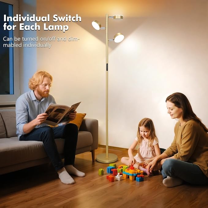 Tree Floor Lamp for Living Room - Modern Gold Standing Lamp | LED Floor Light with Remote & Touch, 3000K-6000K Dimmable for Bedroom Office Reading (3 Head)