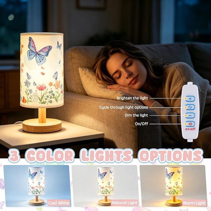 Butterfly Table Lamp for Kids Bedroom, 3-Way Dimmable Bedside Lamp with Wooden Base and Fabric Shade, Floral Butterfly Nursery Night Light for Girls Room Decor, Cute Butterfly Gifts for Kids