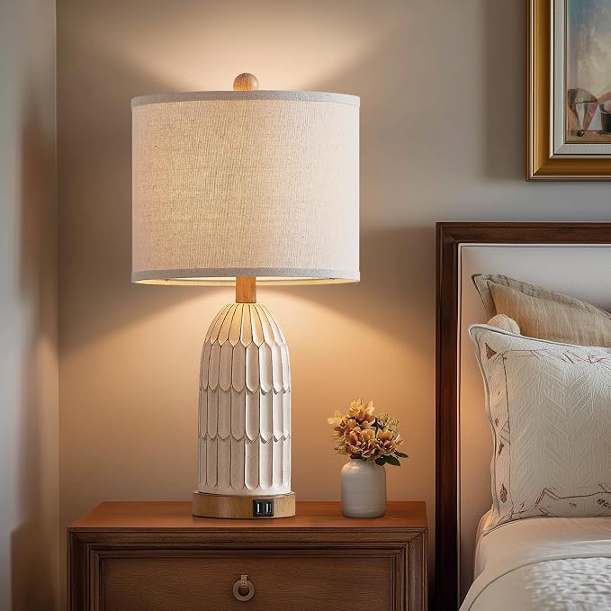Touch Table Lamp for Bedroom Nightstand, Cream Farmhouse Vintage Rustic 3-Way Dimmable Bedside Lamps with 2 USB Charging Ports,Single Cream