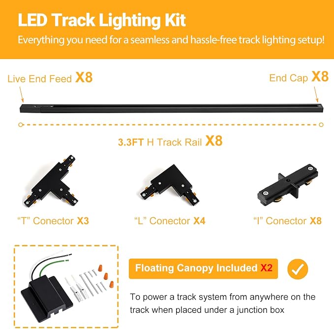 26FT H Track Lighting Rails Kit, Black | H Type Track Rails with Floating Canopy Connector, End Caps, Live End Feed and T L Connector