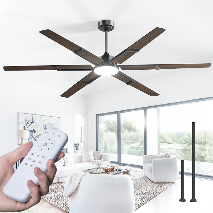 Amico 72 Inch Ceiling Fans with Lights and Remote, Walnut | 6 Speed Reversible DC Motor, 3CCT, Dimmable, Quiet, Timer, Large Modern Ceiling Fan for Living room, Indoor/Outdoor