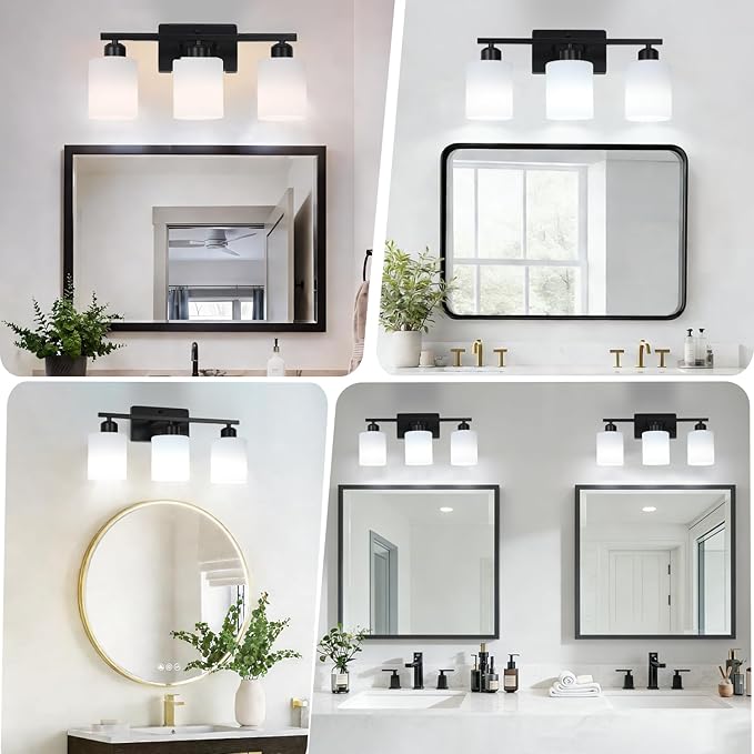 3-Light Bathroom Vanity Light Fixtures, Black Modern Vanity Light Over Mirror, Modern Wall Light with Milky White Frosted Glass Shade for Bathroom Bedroom Living Room Kitchen Hallway
