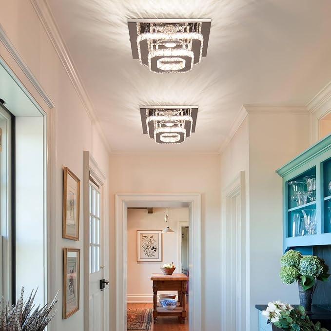 FRIXCHUR Dimmable Crystal Chandelier Ceiling Light with Remote Square Led Flush Mount Small Chandelier for Dining Room Kitchen Wedding Hallway Foyer,9.8"