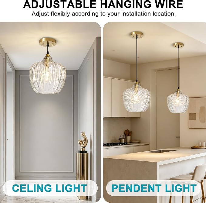 Clear Glass Pendant Lights Kitchen Island 2 Pack Gold Hanging Ceiling Light | 9.45" Adjustable Height, Dimmable, E26 bulbs, Rust-resistant Damp Rated For Bathrooms, 5-Year Warranty, UL Certification