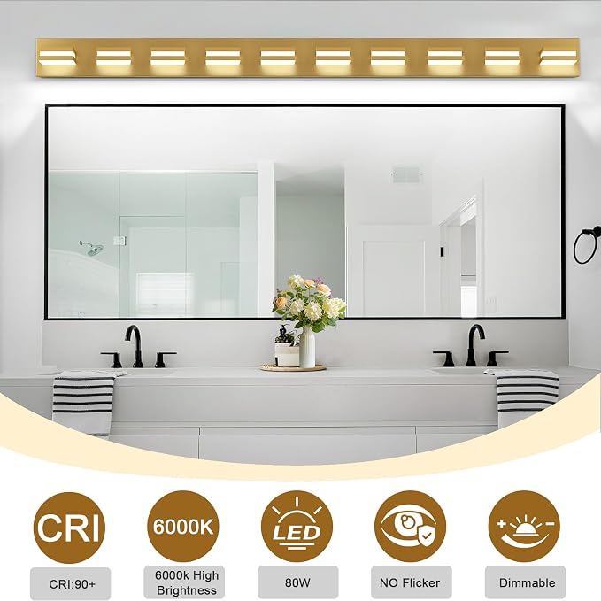 IZORRO LED Modern Bathroom Lights Fixtures(10-Light,Dimmable),Gold Acrylic Wall Lighting,Vanity Lights for Bathroom Over Mirror - 6000k 53.5In （No Assembly Required）