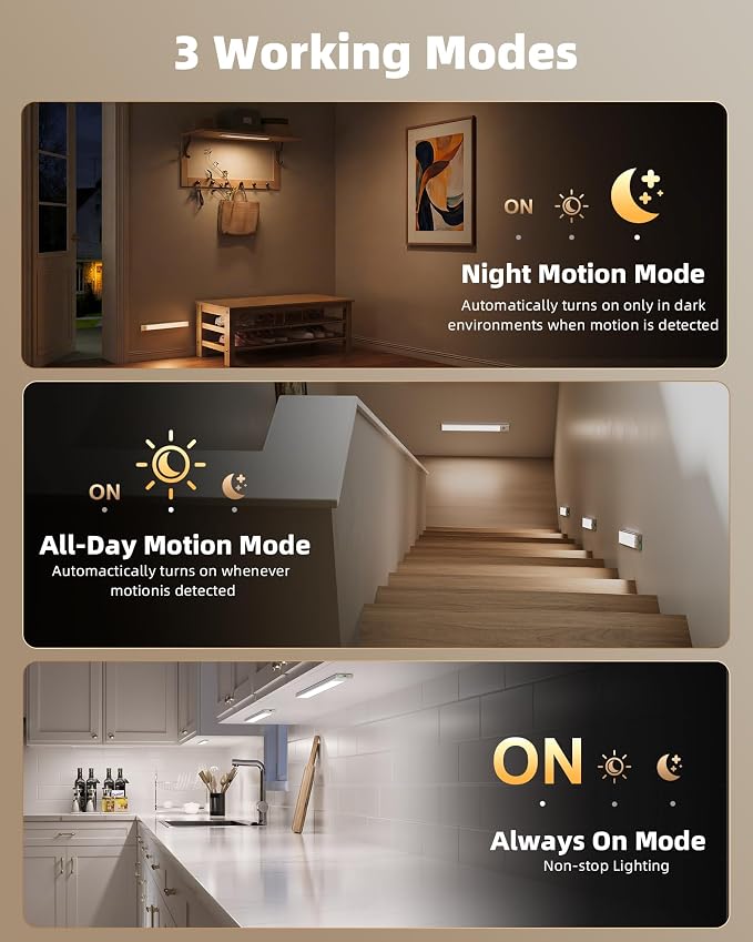 EZVALO 17'' Under Cabinet Lighting Wireless, 3Pack Rechargeable Closet Lights, LED Motion Sensor Indoor, Dimmable & 3 Color Temps Battery Operated with Power Display, for Kitchen, Stairs, Bookshelf