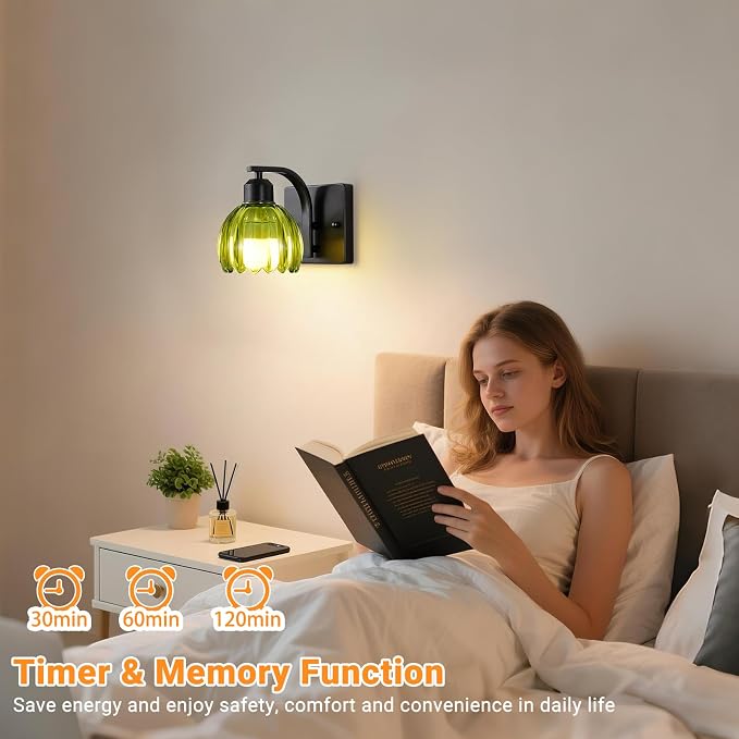 Battery Operated Wall Sconce Set of Two, Black Bedside Wall Mounted Lamps with Green Tulip Glass Shade, Vintage Dimmable Bathroom Sconces Wall Lighting for Mirror Bedroom Living Room