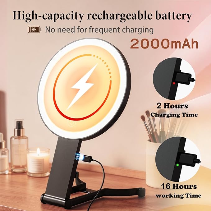 Makeup Mirror with Lights, 30X/1X Double Sided Magnifying Makeup Mirror with 3 Color Lighting and Adjustable Brightness, Portable hand mirrors with handle for Desktop Travel Use (1x/30x- Black)