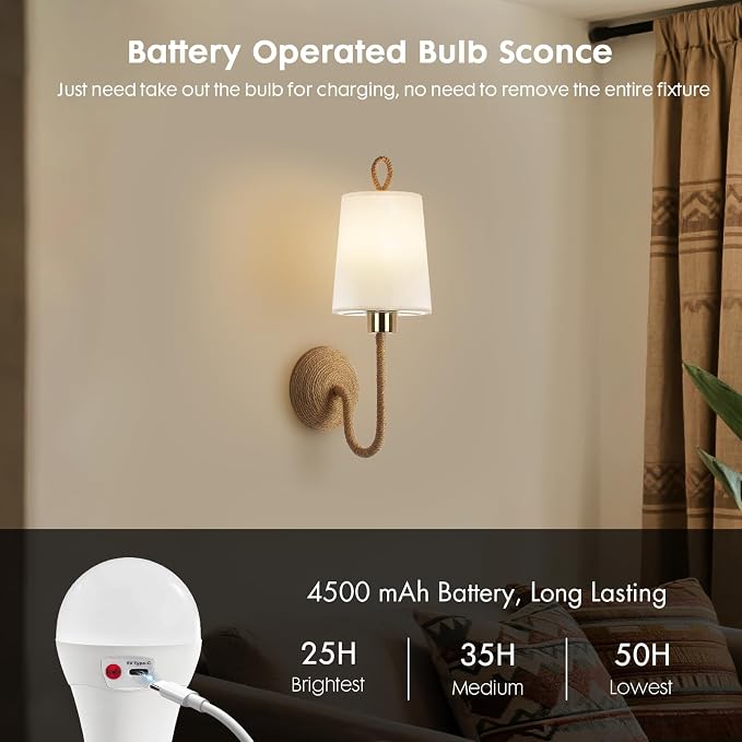 Set of 2 Boho Wall Sconce Lamps – Wireless Cordless LED Wall Lights with Remote, Rechargeable 4500mAh Battery Operated Rattan Gold Light Fixtures for Bedroom, Living Room, Bathroom, or Bedside