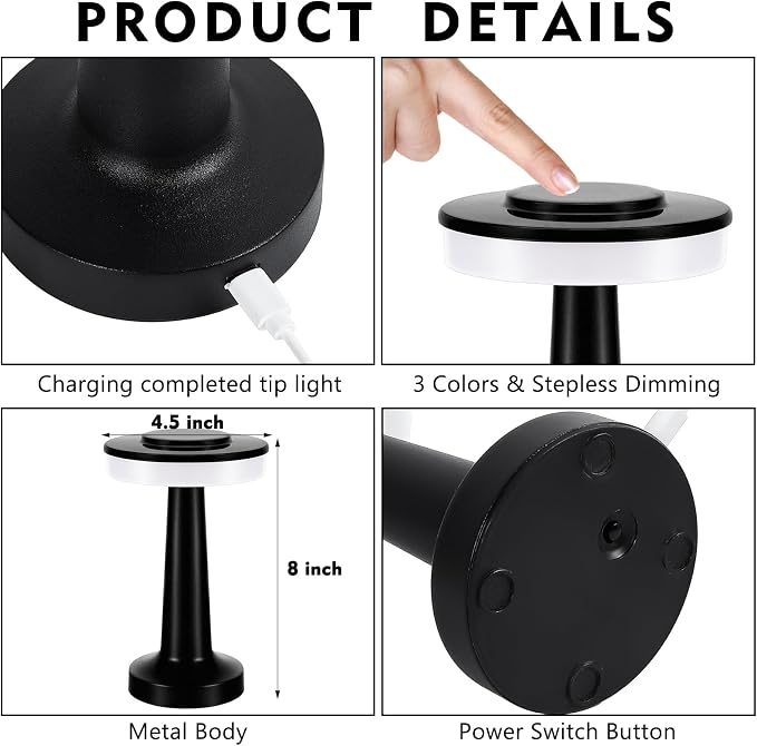 Riakrum 2 Pcs Black LED Portable Cordless Table Lamp Bulk with Touch Sensor 3 Color Stepless Dimming Rechargeable Battery up to 15 Hours Cordless Table Light Wireless Lamp Wedding Home