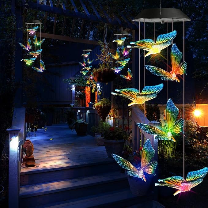 Toodour Solar Wind Chime, Color Changing Wind Chimes Butterfly Gift for Mom | LED Decorative Mobile, Gifts for Grandma, Waterproof Outdoor Decorative Lights for Garden Patio Yard Window Outdoor Decor