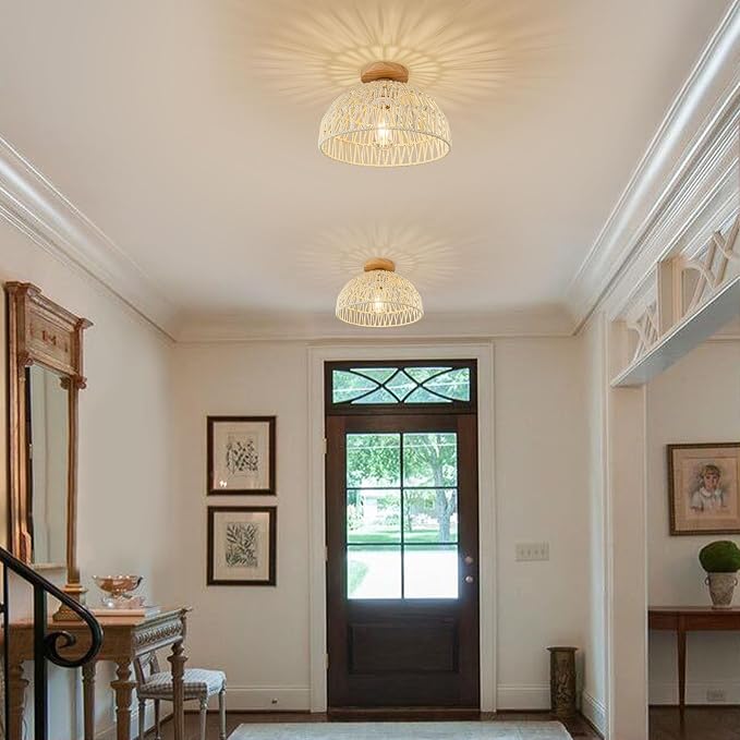Boho Ceiling Light Fixture Rattan Flush Mount Ceiling Light Bedroom Chandelier Hand-Woven Lamp Shade Wooden Base Small Chandelier Boho Ceilings Lamp for Hallway Nursery Kitchen