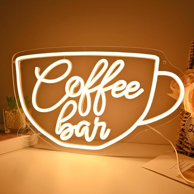SYLHOME Coffee Bar Led Neon Light Sign Coffee Shop Business Home Bedroom Kitchen Restaurant Birthday Christmas Party Light Up Sign 15.75" X 9.4" USB Warm White
