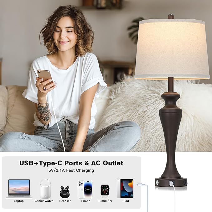 30 Inch Dark Brown Table Lamp Single, 3-Way Touch Control Bedside Lamp with USB A+C Ports and AC Outlet, Tall Living Room Lamps for End Table, Elegant Coffee Bedroom Lamps for Night stand, Coffee