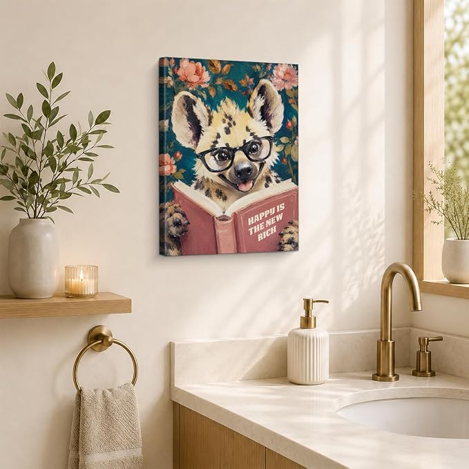 NSFBESSLIA Funny Reading Hyena Painting, Whimsical Vintage Animal Decor, Happy Is The New Rich, Cottagecore Wall Art for Living Room Bedroom Entryway, 8x10 Inch