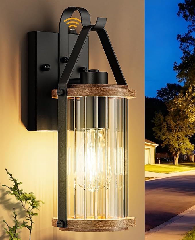 Dusk to Dawn Outdoor Light, Front Porch Light Waterproof Exterior Lighting Fixtures Wood Effect Glass Modern Outside Light for House, Patio, Yard, Garage Black 1 Pack